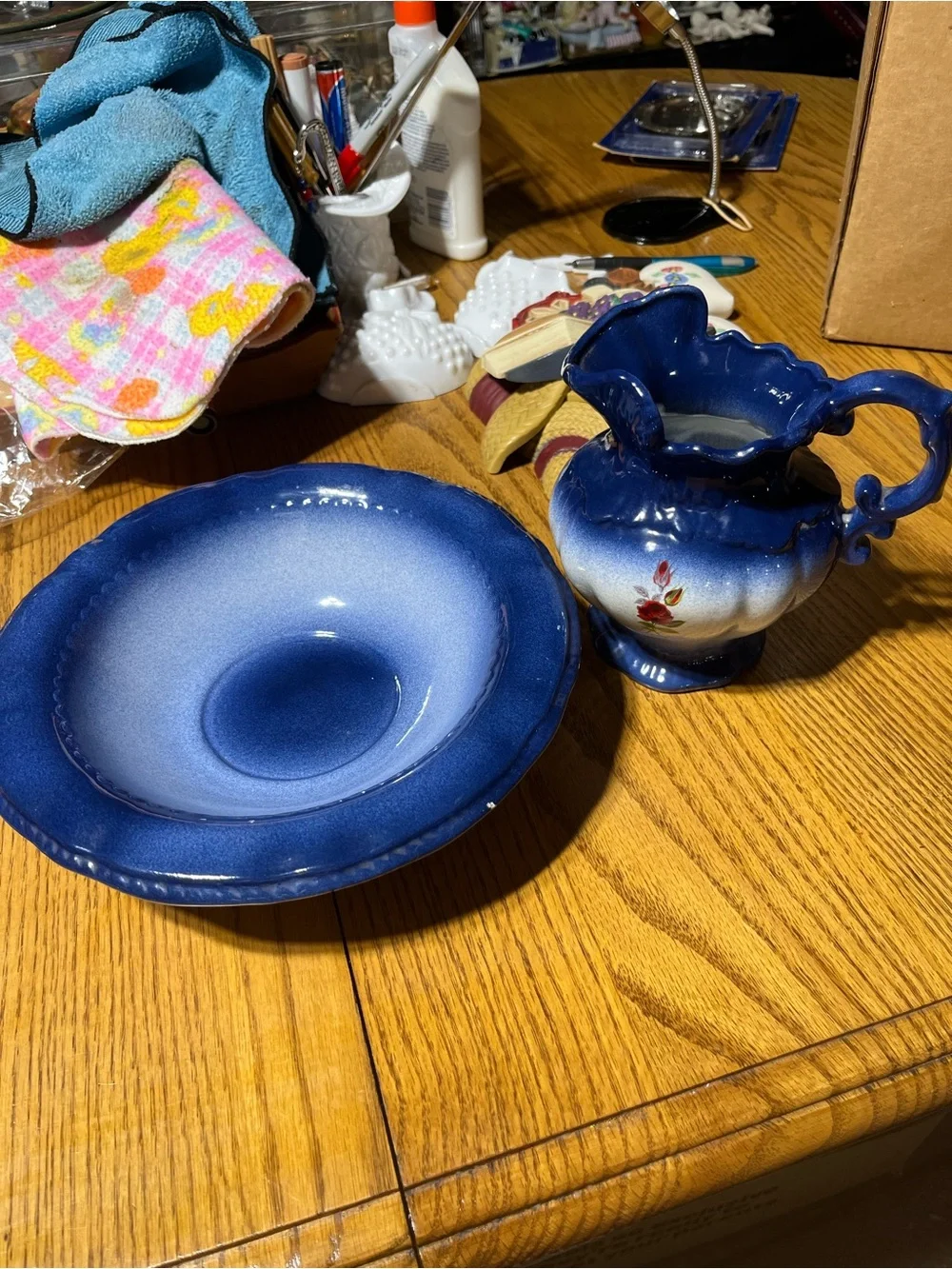 Blue Ceramic Pitcher and Basin with Red Rose Accent
